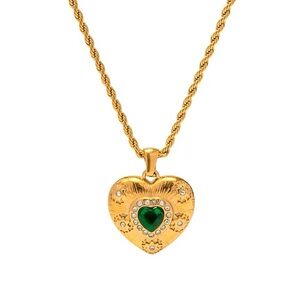 18K Gold Plated - Heart Pendant Necklace with Green Gemstone
